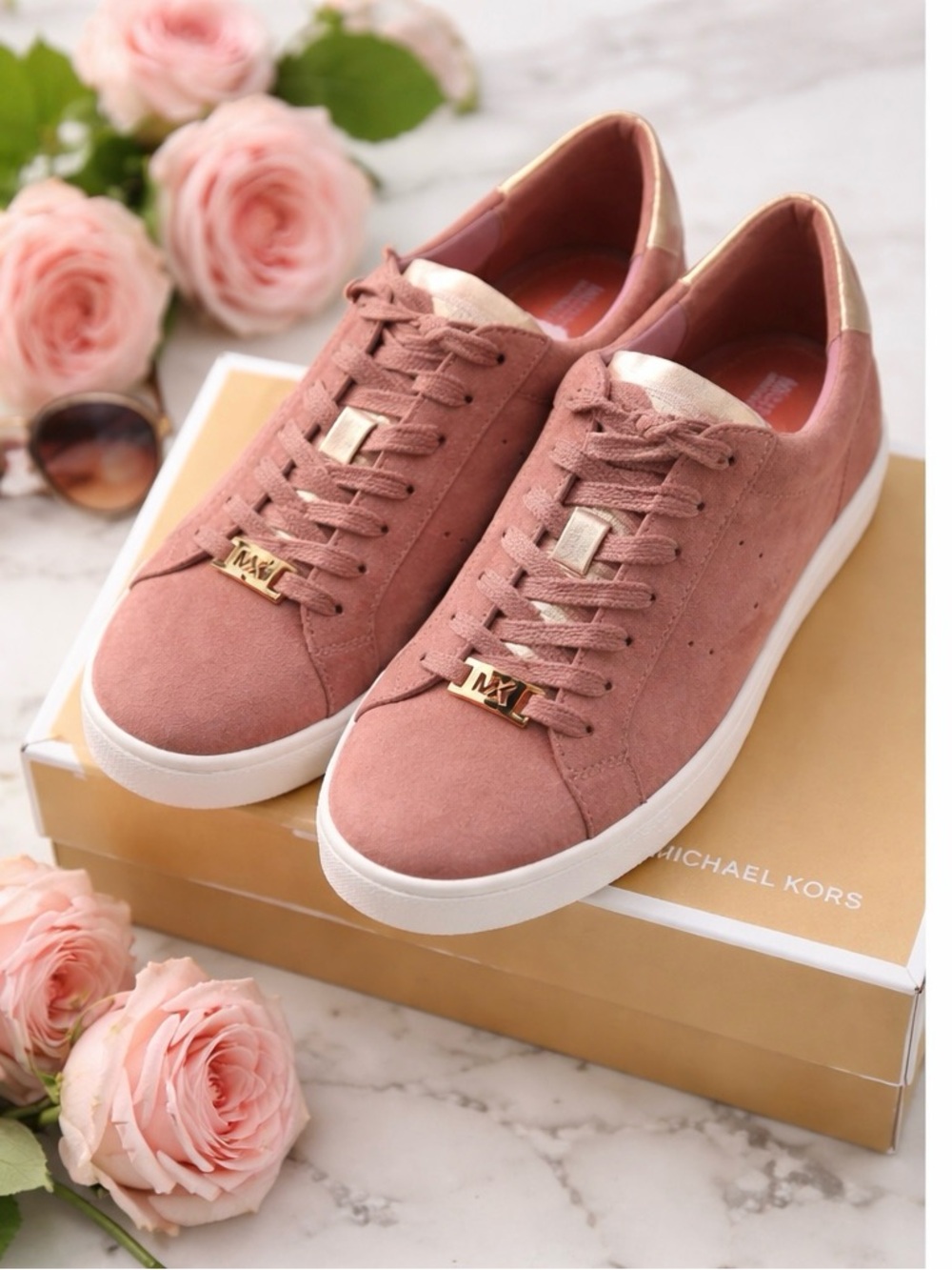 Michael Kors Blush Pink Suede Sneakers with Gold Accents
